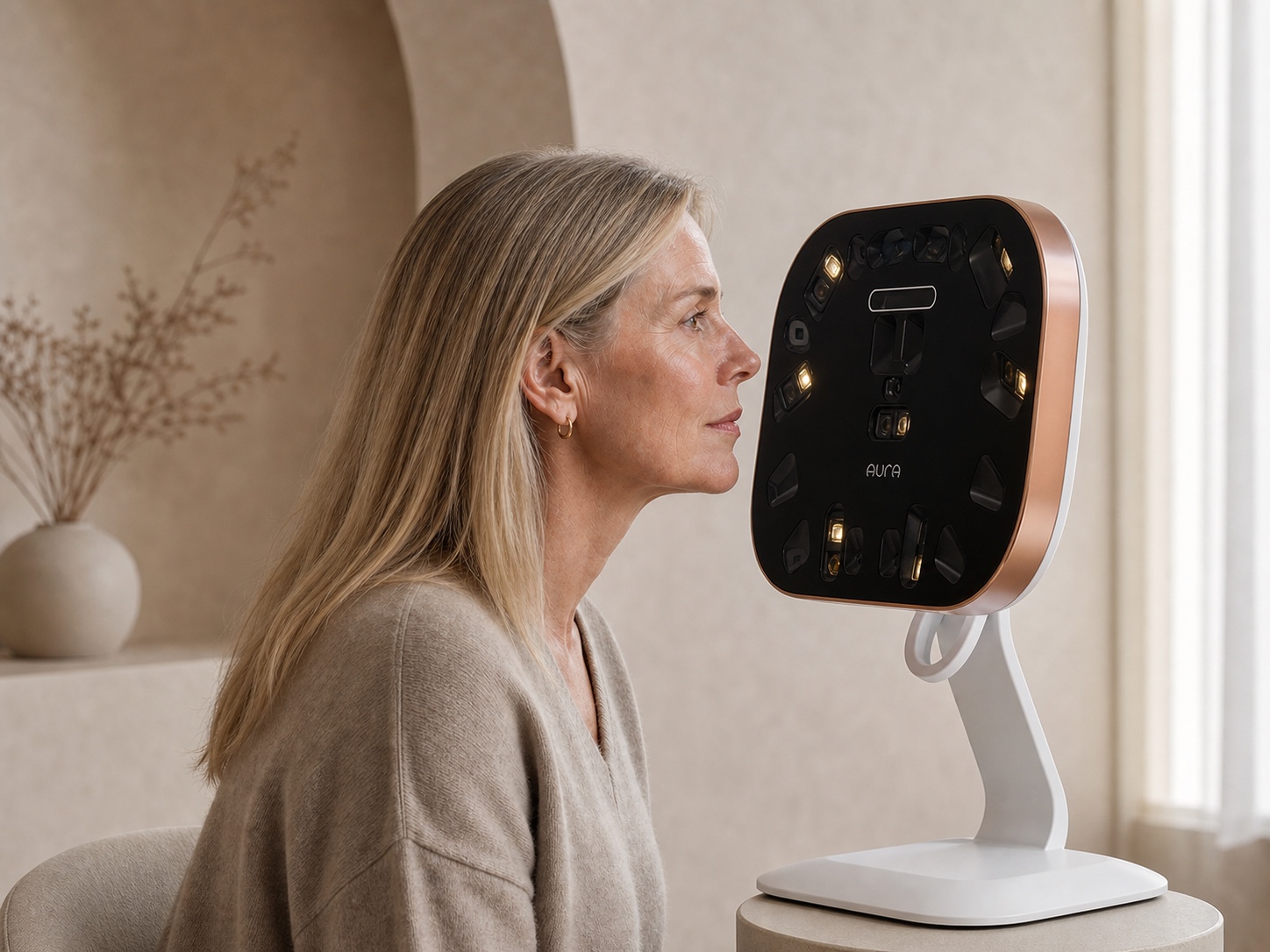 Kvinde siddende tæt foran en Aura 3D Face Scanner i et varmt klinikrum